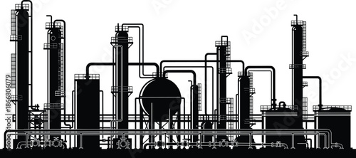 Industrial refinery silhouette, chemical plant, distillation columns, pressure vessel, piping system, structural platforms, engineering design, processing facility, tanks, ladders