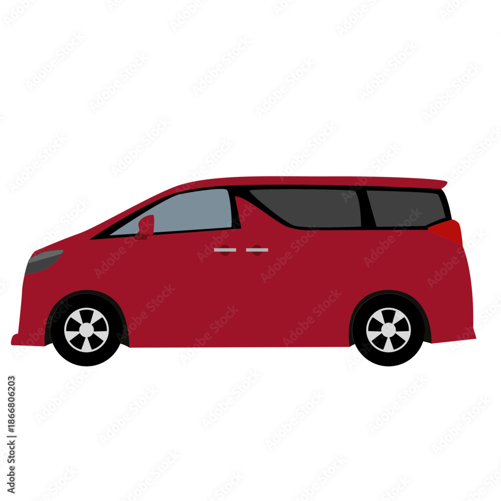 Fototapeta premium Side profile of a sleek red minivan with dark tinted windows on a plain white background.