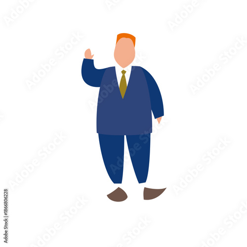 A cartoon illustration of an overweight man in a blue suit and yellow tie, standing and waving.