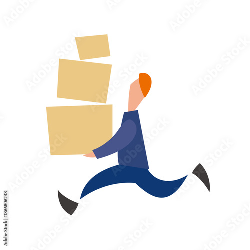 Stylized illustration of a person running quickly while carrying a stack of three cardboard boxes, depicting fast delivery or urgent shipping.