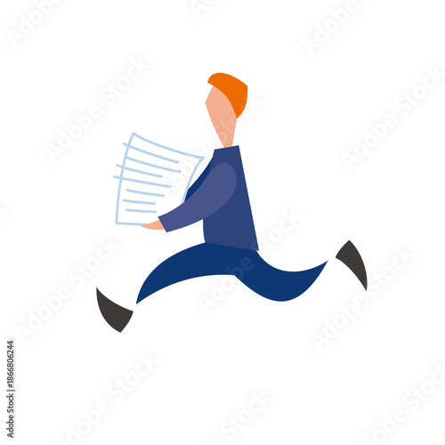 A stylized illustration of a man in a blue suit running with a stack of documents, depicting urgency or busy work.