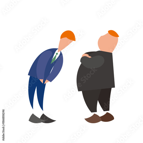 Stylized illustration of a thin man in a suit bowing to a stout man with crossed arms, depicting respect or submission.