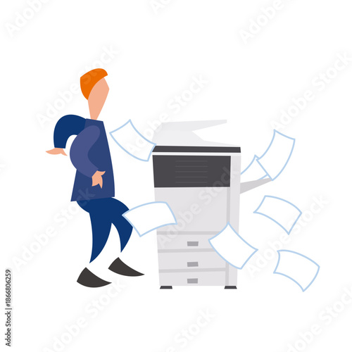 A frustrated person kicking a malfunctioning office printer with papers flying around.