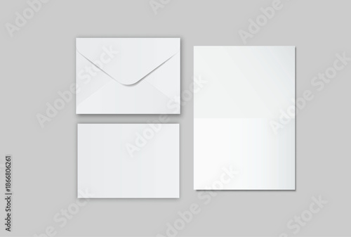 Minimal white envelope and paper mockup set on neutral background, clean stationery composition for corporate branding, business correspondence, invitation layout, print presentation and copy space.