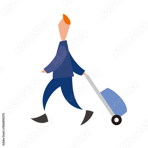 A stylized person with an orange head, blue clothes, and black shoes, walking and pulling a blue suitcase with a grey handle and black wheels.