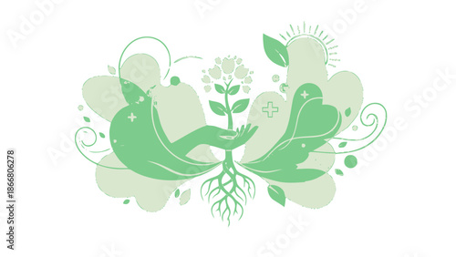 Caring Hands Nurturing a Growing Plant with Roots, Representing Environmental Protection, Isolated White Background
