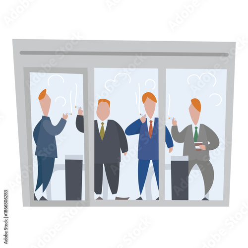 Four cartoon businessmen in suits smoking cigarettes in a glass-walled break room.