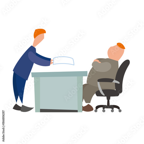 Businessman submitting documents to his boss at the office desk, vector illustration.