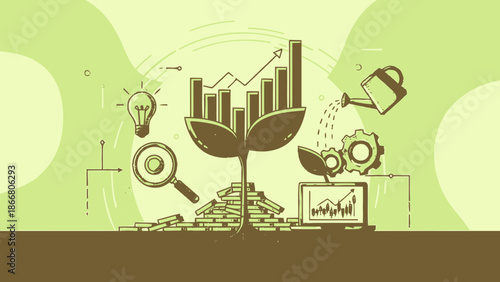 Business Growth Concept with Plant Growing from Coins, Watering Can, and Financial Icons on Green Background