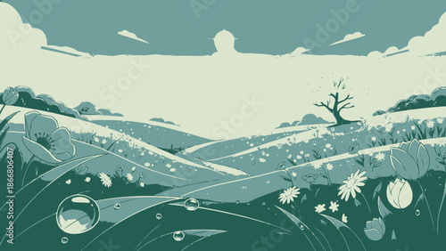 Tranquil Green Landscape with Rolling Hills and Bare Tree Under Cloudy Sky