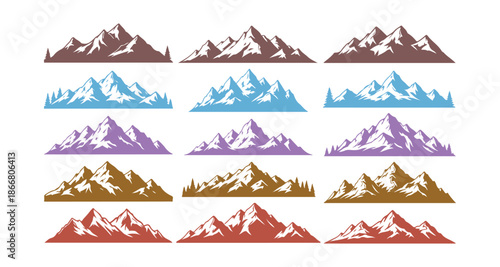 Brightly colored mountain silhouettes. Skyline ranges, a landscape perfect for high mountain hikes, and alpine peaks. Extreme hiking along nature's border. A horizontal panorama template.