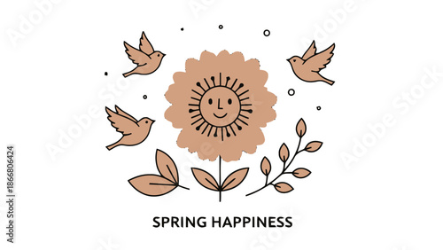Happy Smiling Sunflower with Flying Birds and Spring Happiness Text on Isolated White Background