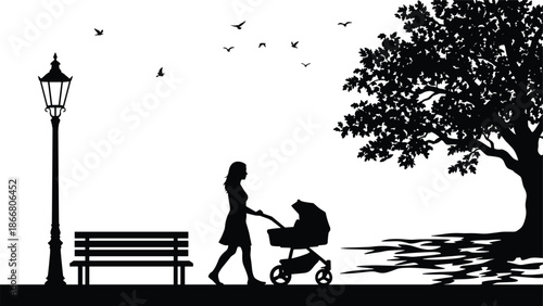 Mother walking with baby stroller in park silhouette near bench tree and street lamp peaceful family lifestyle illustration