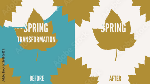 Spring Transformation Concept with Leaves Before and After on Bright Background