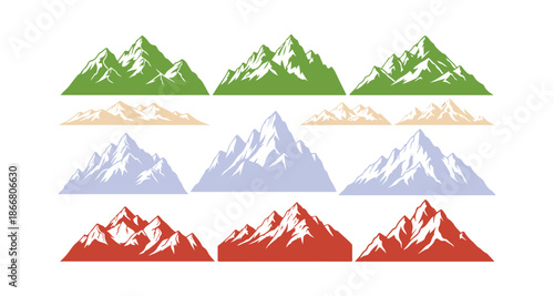 Colorful silhouettes of mountains. Skyline ranges, a high mountain hiking landscape, and alpine peaks. Extreme hiking in nature's border. A horizontal panorama template.