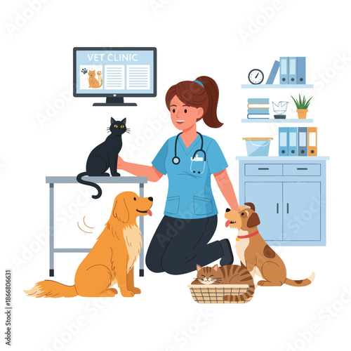 Veterinarian with Dogs and Cat in Clinic.