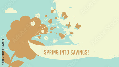 Dynamic spring background with butterflies, leaves, and flowers scattering, promoting savings.