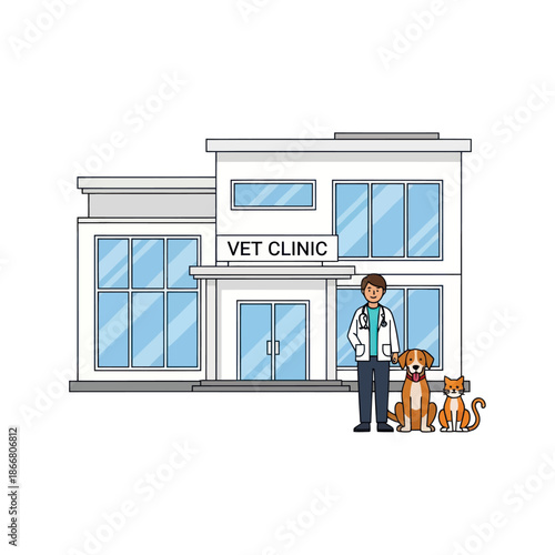Veterinarian with Dogs Outside Clinic Building.