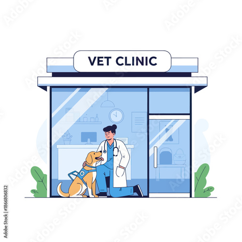 Veterinarian Examining Dog at Clinic Entrance.
