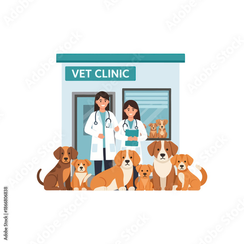 Veterinarians and Dogs at Vet Clinic Entrance.