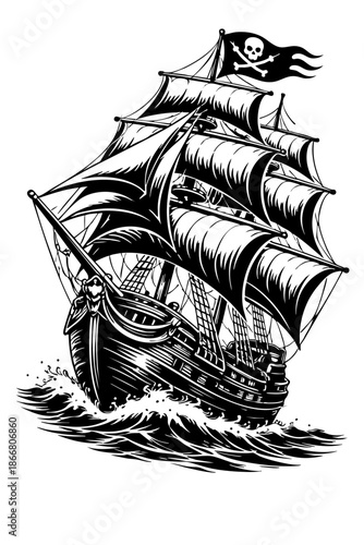 Close-up perspective pirate ship focusing on bow and sails, strong depth and foreshortening