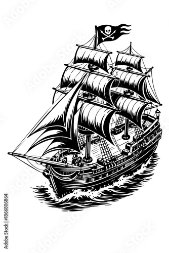 Isometric-style pirate ship illustration, clear hull structure and sail geometry