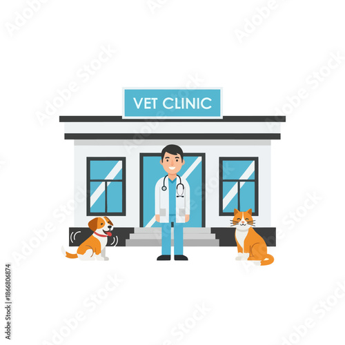 Veterinarian Standing Outside Clinic with Dogs.