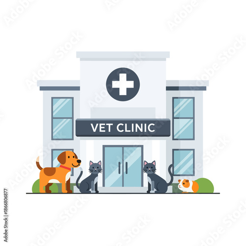 Veterinary Clinic with Animals Outside Building.
