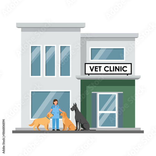 Veterinarian with Dogs Outside Clinic Building.