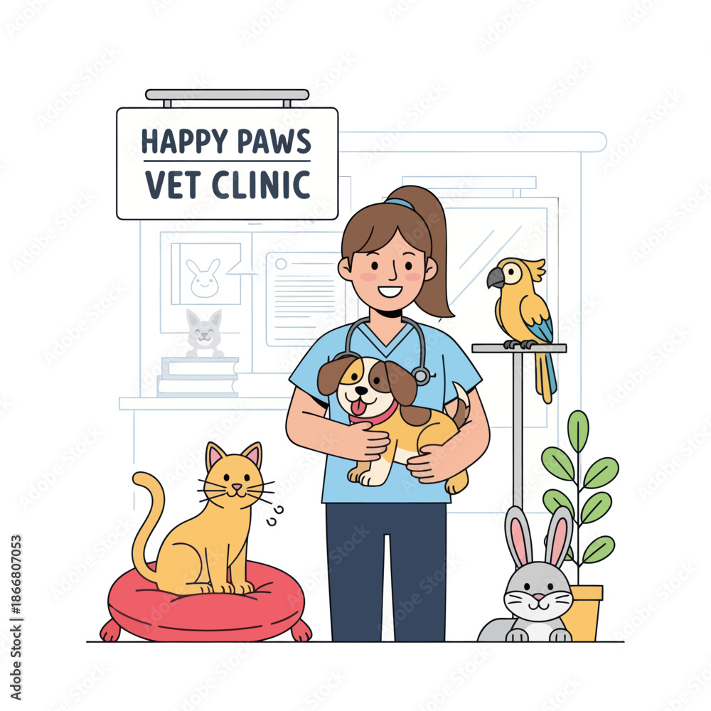 Fototapeta premium Veterinarian Holding Dog with Cat and Parrot.