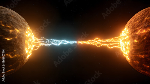 Cosmic connection with a vivid display of energy linking two planets. The planets are ablaze with a fiery glow, while vibrant energy arcs bridge the gap between them