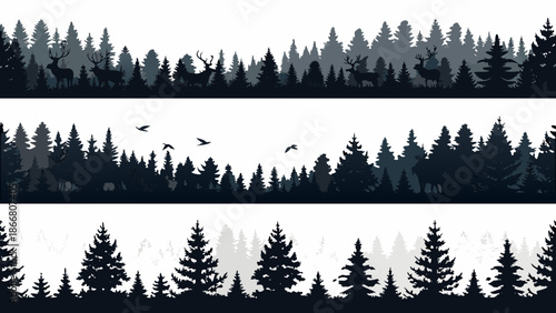 Silhouettes of deer and pine trees in a layered forest landscape