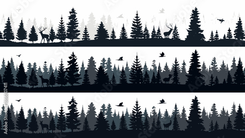 Silhouetted forest landscape with deer birds and a layered tree design