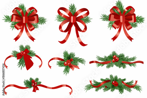 Collection of festive red bows and green foliage for holiday decorations