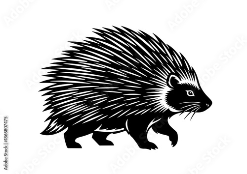 A stylized black and white vector illustration of a walking porcupine featuring sharp quills, designed as a high-contrast silhouette perfect for wildlife logos, animal icons, and branding