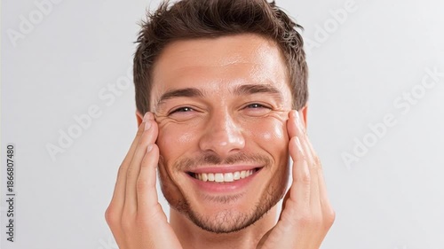 Happy young man touching his face with a relaxed expression.