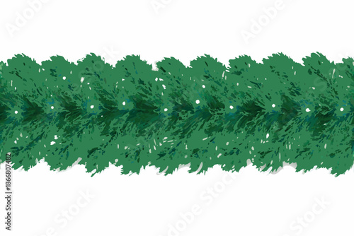 A vibrant green pine bough stretches across a white background detailed and natural