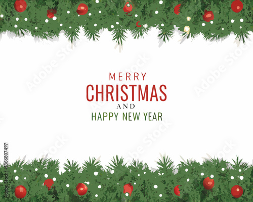 Festive christmas decoration with evergreen branches red berries and holiday greetings