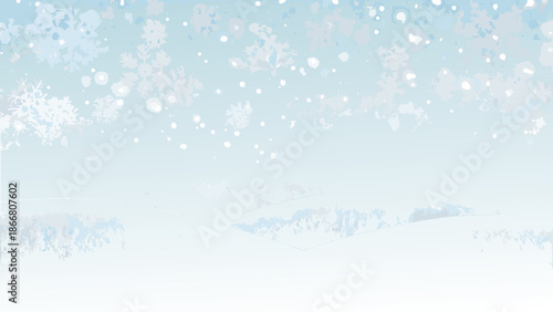 A serene winter backdrop with falling snow and distant mountain silhouettes