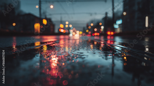 City street at dusk, the rain-soaked asphalt reflects the colorful lights, a mesmerizing urban scene