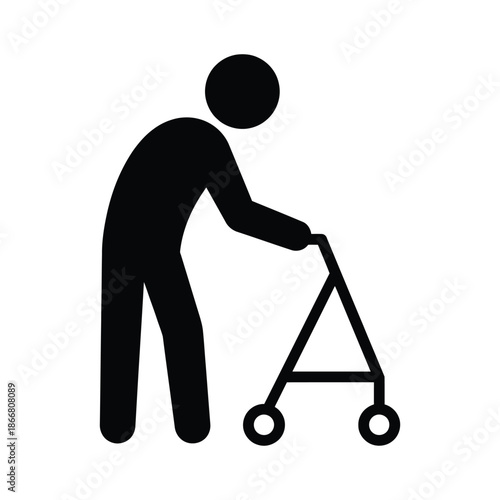 Elderly Person Using Walker Silhouette Icon – Senior Mobility Assistance Symbol