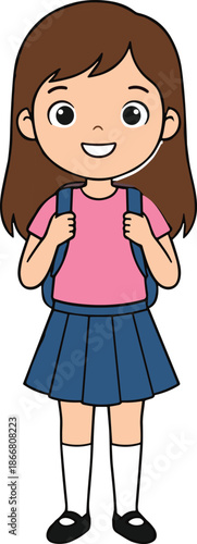 cute,cartoon,schoolgirl,illustration,smiling,child,student,female,character,standing,with,backpack,education,learning,kids,vector,design,clipart,mascot,icon