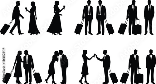 Business travel silhouettes, professional men and women with luggage, corporate couple meeting, airport journey, teamwork concept, elegant black vector illustration isolated on white
