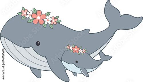 cute,cartoon,whale,mother,and,baby,illustration,smiling,sea,animal,with,flowers,adorable,marine,life,family,kids,vector,design,clipart