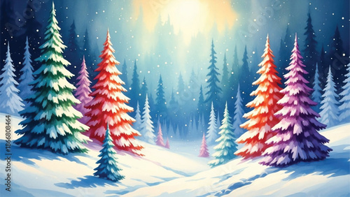 Colorful Winter Pine Forest with Snowfall and Glowing Light Fantasy Landscape