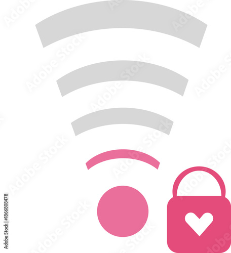 Vector icon set of heart signal strength and secure love connection. Wireless Wi-Fi bars with heart padlock symbol for dating apps, romantic connectivity levels, and digital relationship security. 