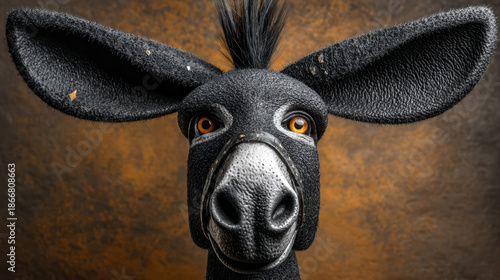 Surreal donkey portrait closeup large ear textured fur orange eye animal studio fantasy humor curiosity