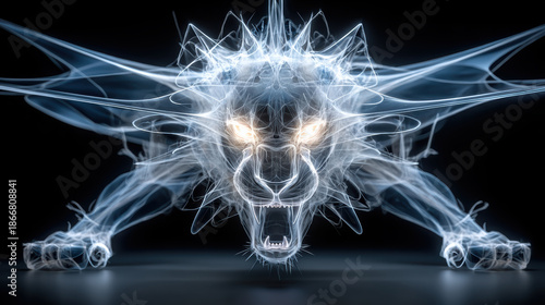 Neon lion energy beast glowing animal light creature fantasy predator digital art blue flame abstract roar power fierce emotion