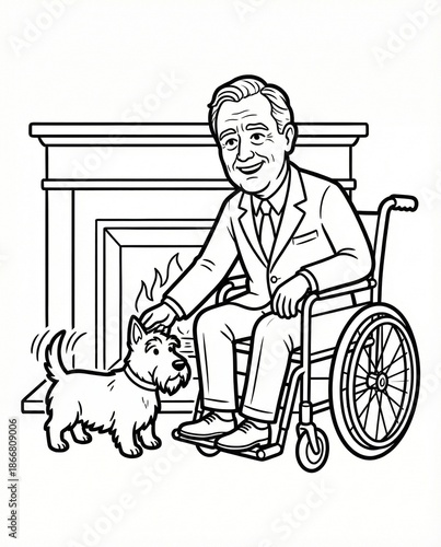 Heartwarming coloring page of a senior man in a wheelchair petting his loyal dog by a cozy fireplace. Franklin D Roosevelt