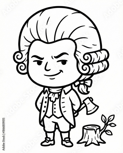 Cute Cartoon George Washington with Axe and Cherry Tree Stump, Presidents' Day Coloring Page, Historical Line Art